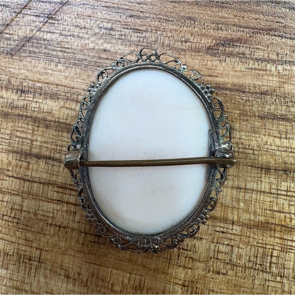 2/$25 Petite Vintage Cameo Brooch – Carved Detail, Silver Filigree Frame - Picture 4 of 5